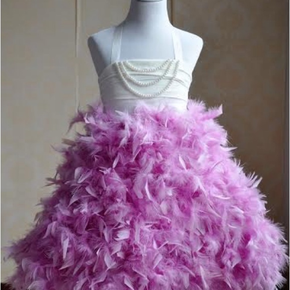 Pink and White Formal Dress with Feathered Skirt